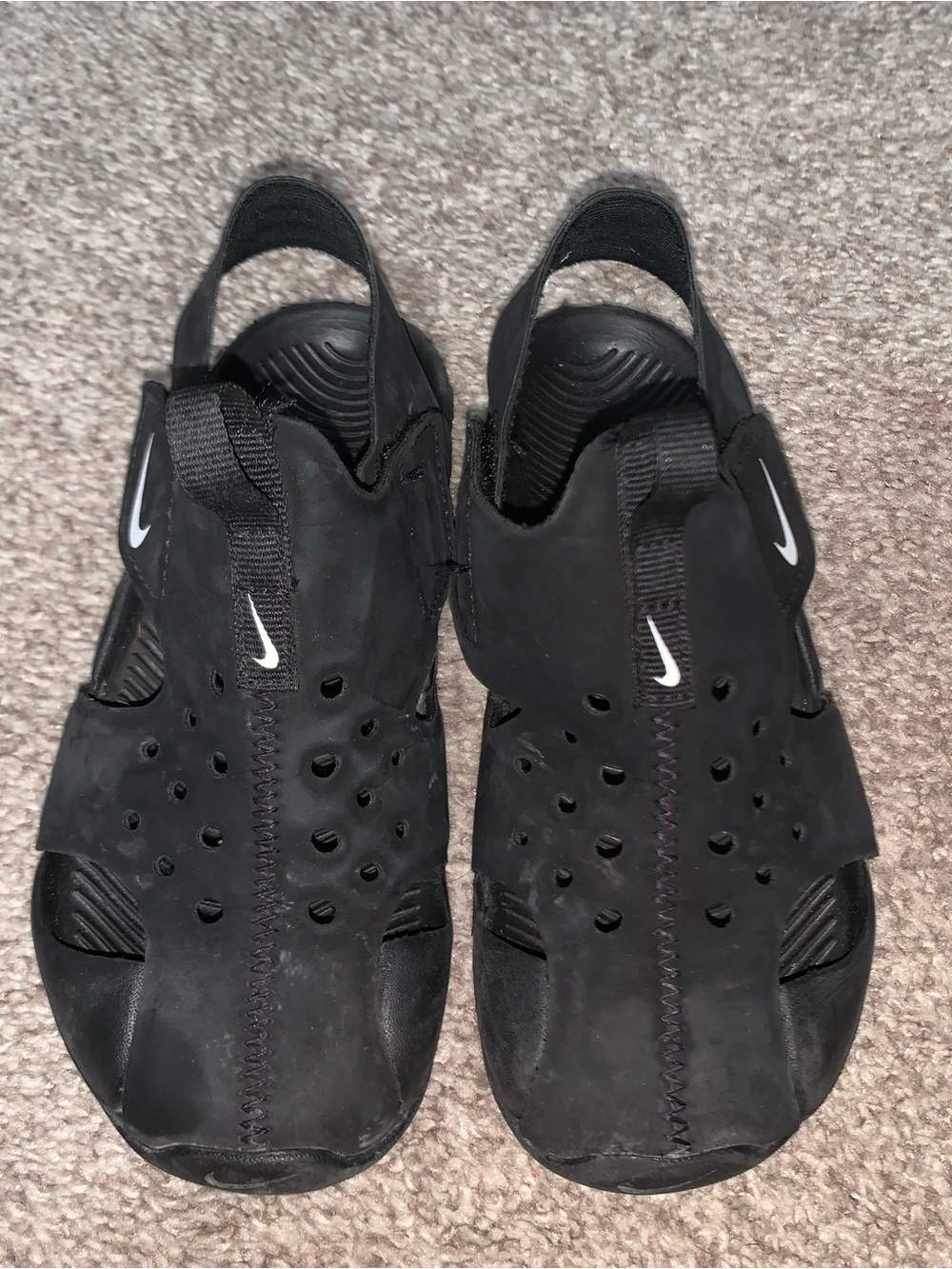 Nike Black Slip-On Perforated Sandals with White Swooshes